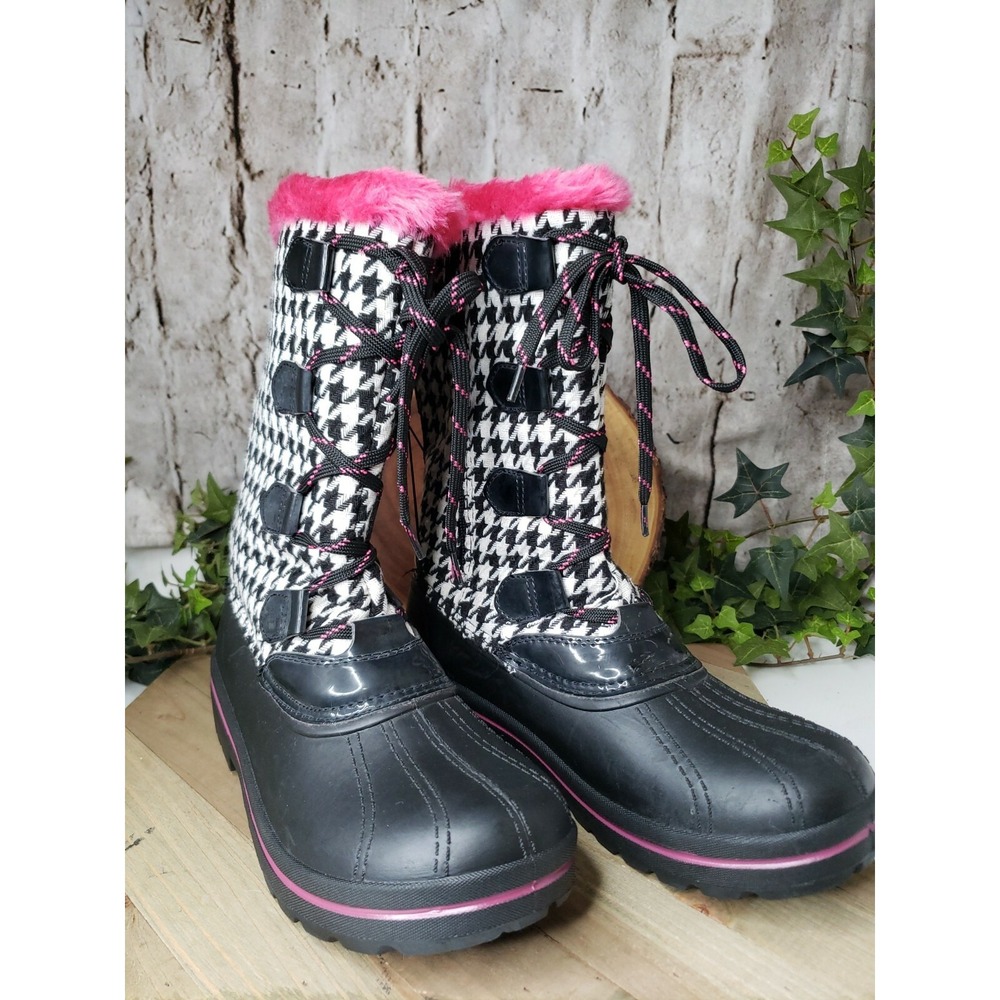 Ozark Trail Girls Women's Black Houndstooth Winter Boots Size 6 Pink Lined‎ ZIP